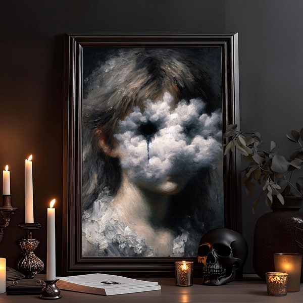 Cloud Girl Portrait: Gothic Art Print, Witchy, Dark Horror Wall Art, Victorian Decor, Dark Academia Poster, Bold Colors