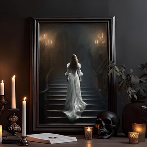 Die Frau im Weißen Kleid: Moody Gothic Wandkunst, Dark Academia, Vintage Dekor, dunkle ästhetische Kunst, Gothic Poster, Wandbild