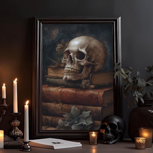 Schädel auf Bücherstapel: Düsteres Gothic, Viktorianisches Wandbild, Dark Academia, Halloween Dekor, Qualitäts Kunstdruck