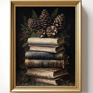 Bücher Victoria Kunstdruck: Bücherstapel mit Pflanzen Wandbild, Dark Academia, Gothic Poster, Dunkle Künste, Dark Cottagecore Gemälde
