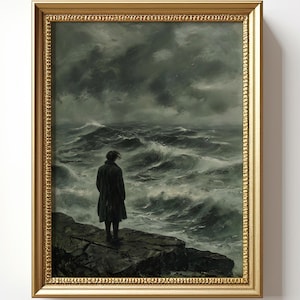 Alleine am Stürmischen Meer: Viktorianisches Dekor, Goth Dark Art, Vintage, Rustikal Dark Academia Kunst, Malerei Gemälde, Poster, Wandbild