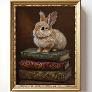 Kleiner Hase auf Büchern: Bücherstapel mit Häschen Wandbild, Witchy Poster, Zimmerdekor, Viktorianisch, Dark Cottagecore, Tier Kunstdruck