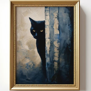 Schwarze Katze mit Blauen Farben: Aquarell Bild, Tierwelt Witchy Zeichnung, Schlichtes Modernes Poster, Kräftige Farben Dekor Wandbild