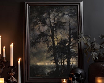 May include: A dark framed painting of a forest scene with a black skull and candles on a dark wood table.