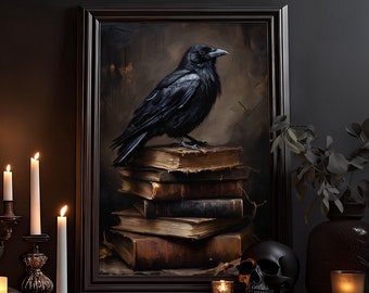 Raven on stack of books Gothic art poster, vintage poster, dark art, Victorian crow/raven, witchcraft, gothic decor, gothic wall art
