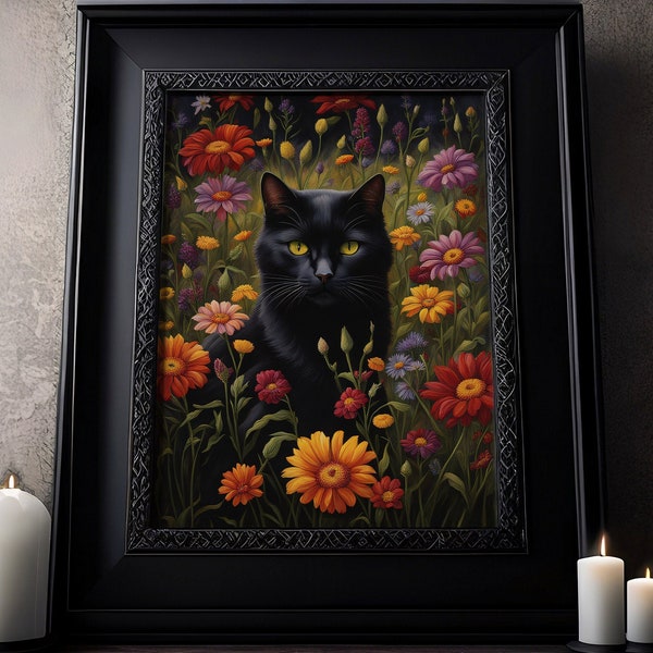 Cat in the flower field: Black cat between flowers, cottagecore poster, mural printed with strong colors on high quality paper