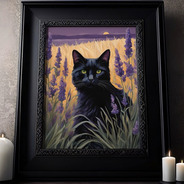 Cat between lavender: Black cat in the lavender field, beautiful cat mural with strong colors and beautiful purple tones