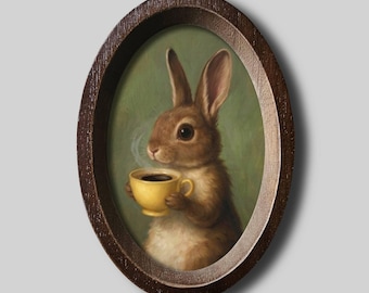 Coffee bunny in an oval wooden frame as a cute art print in a vintage wooden frame as a cozy, moody cottagecore wall picture