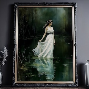 Frau im Weißen Kleid, Ölgemälde Poster, Stimmungsvoller viktorianischer Kunstdruck, Gotische Wandkunst, Dark Academia, Witchcraft Wandbild