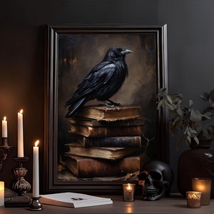 Corbeau sur pile de livres Affiche d’art gothique, Affiche vintage, Art sombre, Corbeau/Corbeau victorien, Sorcellerie, Décor gothique, Peinture murale gothique