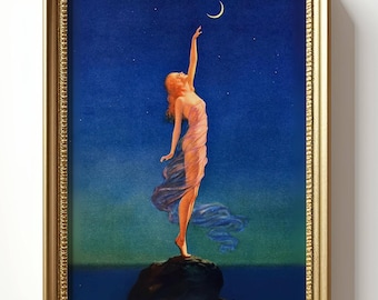Woman Moon Art Print Vintage Mystic Art with Moon Night Sky for Minimalistic Witchy Aesthetics, Enchanting Wall Decor