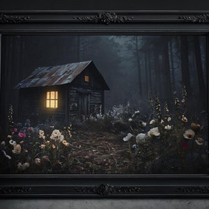 Die Hütte im Wald Gemälde: Melancholisches Bild, Dark Cottagecore Zeichnung, Dark Academia, Gothic Poster, Düsterer Landschaft Kunstdruck