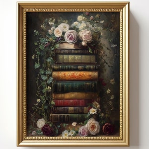 Blumen Bücher Kunstdruck: Bücherstapel Pflanzen Wandbild, Gotik Gemälde, Gothic Poster, Barock, Viktorianisch, Dark Cottagecore Kunstdruck