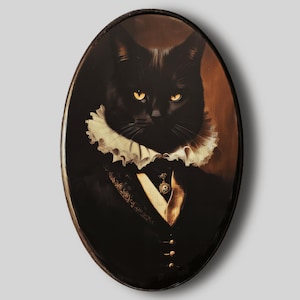 Victoriaanse kat houtprint: barokke gotische kunst, donkere kunst aan de muur, felle kleuren en prachtige pasteltinten, gotische decoratie