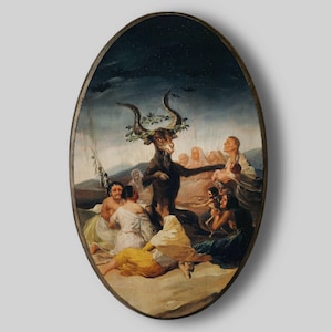 May include: Oval painting depicting a dark-skinned goat-like figure with antlers and a wreath, surrounded by figures in white and yellow robes. The background shows a stormy sky. The artwork is framed in a dark wooden oval.