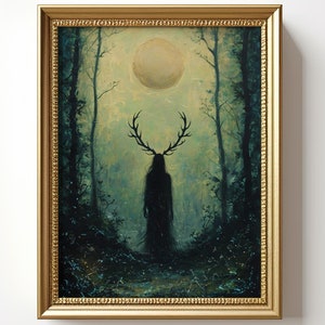 Peinture de druide à la pleine lune, arts sombres, affiche gothique, sorcières Wicca, art occulte gothique, décoration d'intérieur mystique, art mural magique gothique