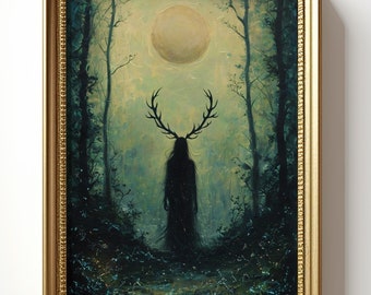 Druid at Full Moon Painting, Dark Arts, Goth Poster, Witchy Wicca Gothic Occult Art, Mystic Home Decor, Gothic Magic Wall Mural