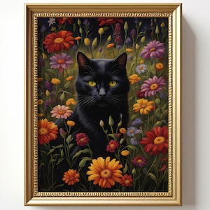 Gatto nel campo fiorito: Gatto nero tra i fiori, poster cottagecore, murale stampato con colori forti su carta di alta qualità