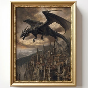 Drache über der Stadt Ölgemälde: Dark Fantasy Kunstdruck, Drachen Mittelalter Wandbild, Dekor, Goth, Ritter Poster, Viktorianisches Gemälde