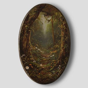 May include: An oval painting of a forest scene. The artwork shows a path winding into the woods, with ferns, flowers, and tall trees on either side. The painting uses greens, browns, and hints of white and orange, creating a tranquil landscape.