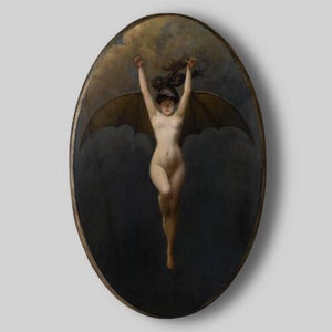 Fledermaus Frau Holzdruck als Witchy Wicca Wandbild im Stil der dunklen Künste, mystische Gothic Hexen Kunst für okkult Vintage Home Dekor
