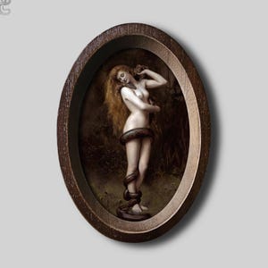 Lilith and the Serpent Oval Wooden Picture Frame as a Witchy Wall Art in the Style of Dark Arts, Mystical Gothic John Collier Vintage Decor