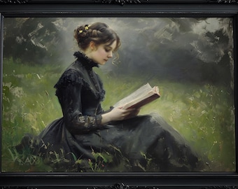 Woman Reading Victoria Painting: Books Nature Wall Art, Victorian Aesthetic, Dark Academia, Gothic Poster, Dark Cottagecore Art Print