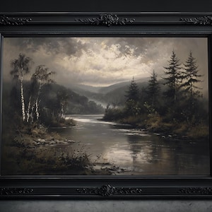 Der Fluss im Wald Ölgemälde: Melancholisches Bild, Cottagecore, Natur Impressionismus Zeichnung, Victoria, Goth Poster, Landschaft Wandbild