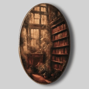 May include: Oval-shaped wooden artwork depicting a cozy library scene. The artwork features a window with sunlight, a bookshelf filled with books, and potted plants. The color palette is dominated by warm browns and greens, creating a vintage aesthetic.