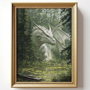 Der Weiße Drache am See Gemälde: Fantasy Kunstdruck, Mittelalter Drachen Wandbild, Dekor, Gothic, Märchen Magie Poster, Victoria Gemälde