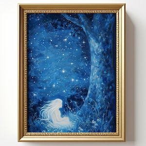 Das Sternen Mädchen Gemälde: Magische Fantasy Mystic Zeichnung, Landschaft Natur, Mystic Magie, Wicca Poster, Galaxie Himmel Wandbild