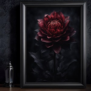 Art mural floral de Dahlia rouge foncé : décor de fleurs sombres, affiche gothique, Dark Cottagecore, art victorien, peinture murale de fleurs vintage