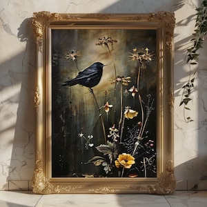Pittura a olio vittoriana con fiori di uccelli: opere d'arte floreali, natura gotica, poster del mondo accademico scuro, nucleo di cottage scuro, murale dai colori vivaci