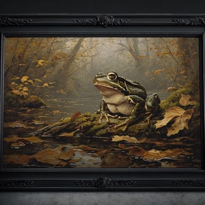 Frosch im Herbstwald Gemälde: Melancholisches Bild, Dark Cottagecore Kunst Malerei, Natur Tierwelt Poster, Kräftige Farben Dekor Wandbild