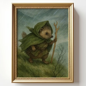 May include: A framed print featuring a whimsical illustration of a hedgehog in a green cloak and hood, holding a wooden staff. The artwork depicts the hedgehog walking in the rain on a grassy hill, with a muted color palette and a gold frame.