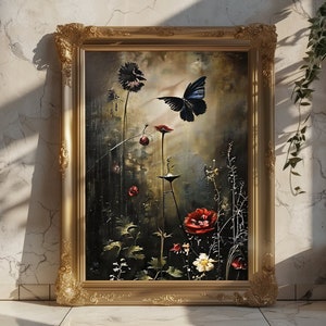 Victorian Floral Schmetterling Öl-Gemälde: Florale Kunst, Natur Gothic, Dark Academia Poster, Dark Cottagecore, kräftige Farben Wandbild