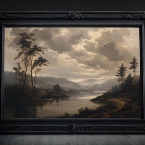 Fluss am Wegesrand Ölgemälde: Melancholisches Bild, Dunkle Natur Moody Zeichnung, Victoria, Goth Poster, Landschaft Gotik Vintage Wandbild