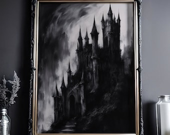 The Black Castle: Dark watercolor drawing, Dracula's Castle, Dark Academia, Gothic poster, bold colors wall art