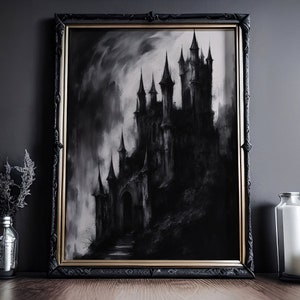 Il castello nero: disegno ad acquerello scuro, castello di Dracula, mondo accademico oscuro, poster gotico, murale dai colori vivaci