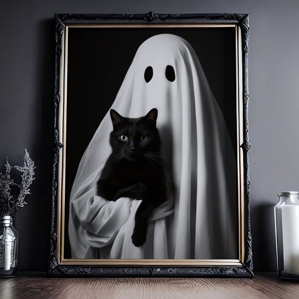 Gespenst mit schwarzer Katze in den Armen Poster: Gothic Gemälde, Gruselige Witchcraft, Horror Spooky Wandbild