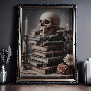 Vampir Schädel auf Bücherstapel: Düsteres Gothic, Viktorianisches Wandbild, Dark Academia, Halloween Dekor, Qualitäts Kunstdruck