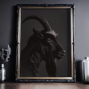 Schwarze Ziege: Cottagecore Kunstdruck, Ziegenbock, Gothic Poster, Victorian Art Wandbild mit kräftigen Farben auf Hochqualitativem Papier