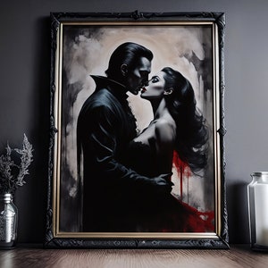 Vampir Paar: Dunkle Liebe, Düstere Aquarell Zeichnung, Draculas, Dark Academia, Gothic Poster, kräftige Farben Wandbild