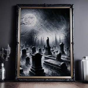Friedhof bei Vollmond Pastell Pinselzeichnung: Düsterer Friedhof bei Nacht, Gothic Gemälde, Dark Academia Poster, Horror Halloween Wandbild