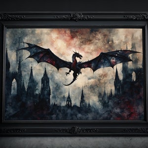 Dragon à l'aquarelle : Impression d'art sombre, Art mural fantastique, Décoration de dessin, Gothique, Affiche Dark Academia, Peinture victorienne