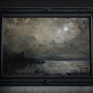 Meer im Mondschein Ölgemälde: Melancholisches Bild, Natur Impressionismus Zeichnung, Dark Academia, Gothic Poster, Kräftige Farben Wandbild
