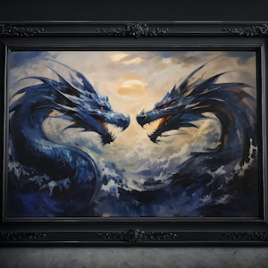 De Water Dragons aquarel: Dark Art Print, Fantasy Dragon muurschildering, tekening, gotische, donkere Academia poster, Victoriaanse schilderkunst