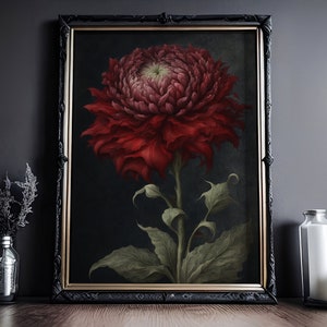 Dunkel Rote Dahlie Florale Wandkunst: dunkles Blumendekor, Gothic Poster, Dunkler Cottagecore, viktorianische Kunst, Vintage Blumen Wandbild