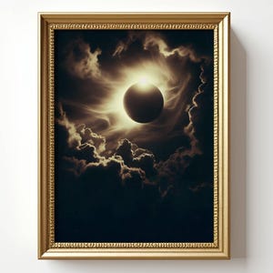 Può includere: Una stampa incorniciata raffigurante un'eclissi solare. L'immagine mostra un'eclissi scura e circolare circondata da luce intensa e nuvole scure e vorticose. La cornice è color oro con un design dettagliato e strutturato.