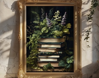 Forgotten Knowledge: Stack of Books with Plants Wall Art, Dark Academia, Gothic Poster, Dark Arts, Dark Cottagecore Art Print